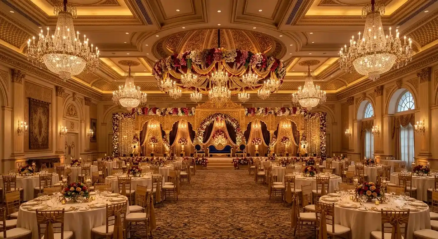 Luxury wedding banquet hall with elegant decor in India